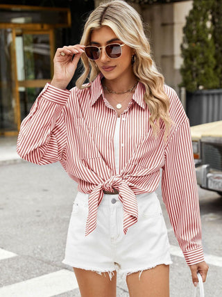 Pocketed Striped Collared Neck Long Sleeve Shirt Divacious