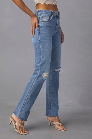 Distressed Raw Hem Straight Jeans with Pockets Divacious