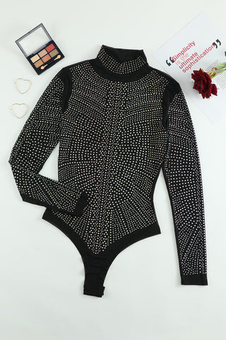 Rhinestone Mock Neck Long Sleeve Bodysuit Divacious