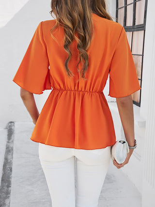 Surplice Tie Waist Half Sleeve Blouse Divacious