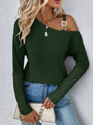 Lace Detail Asymmetrical Neck Long Sleeve T-Shirt Divacious