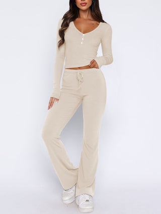 V-Neck Long Sleeve Top and Pants Set - Divacious