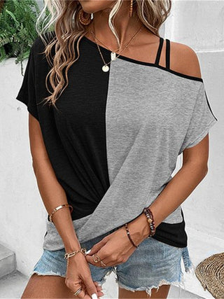 Contrast Asymmetrical Neck Short Sleeve T-Shirt Divacious