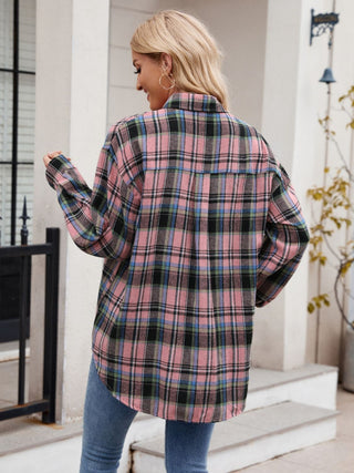 Pocketed Plaid Collared Neck Long Sleeve Shirt Divacious