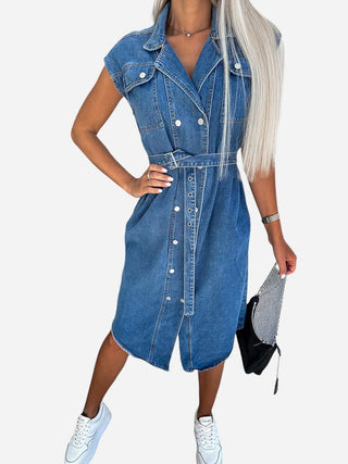 Collared Neck Cap Sleeve Denim Dress Divacious