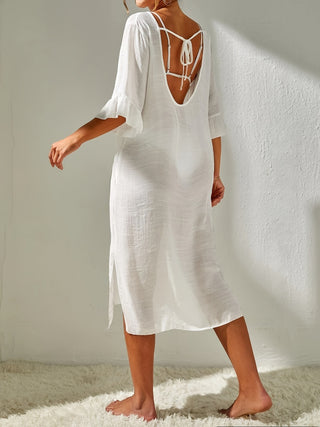 Slit V-Neck Flounce Sleeve Cover-Up Divacious