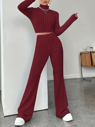 Ribbed Mock Neck Long Sleeve Top and Pants Set Trendsi