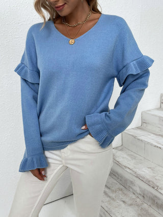 Ruffled V-Neck Dropped Shoulder Sweater Divacious