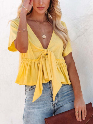 Tied Plunge Short Sleeve Blouse Divacious