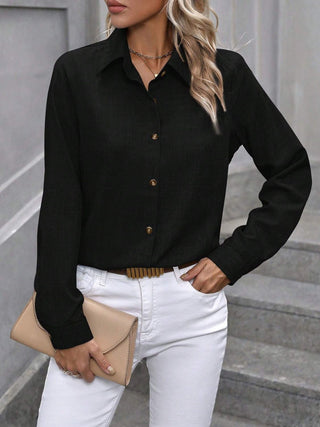 Button Up Collared Neck Long Sleeve Shirt - Divacious