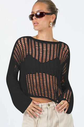 Openwork Boat Neck Long Sleeve Cover Up Divacious