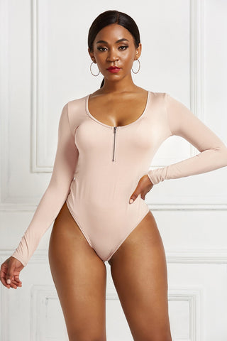 Half Zip Scoop Neck Long Sleeve Bodysuit Divacious