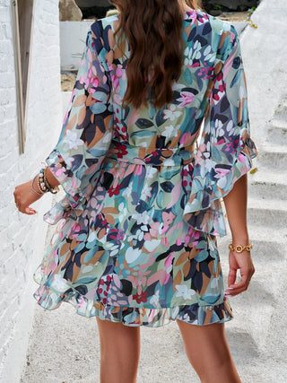 Devine Ruffled Printed Surplice Half Sleeve Mini Dress Trendsi