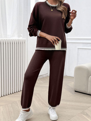 Devine Round Neck Dropped Shoulder Top and Pants Sweater Set Trendsi