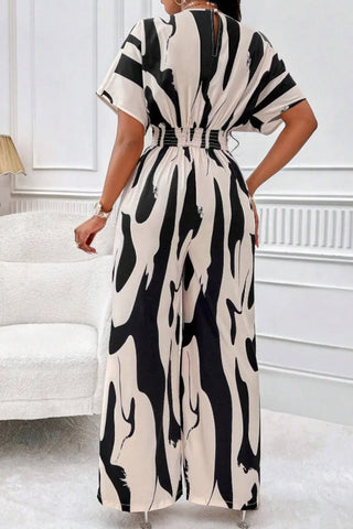 Printed V-Neck Short Sleeve Wide Leg Jumpsuit Divacious