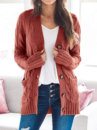 Cable-Knit Buttoned Cardigan with Pockets Divacious