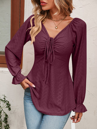 Tie Front V-Neck Puff Sleeve Blouse Divacious