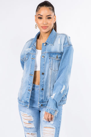 Graphic Distressed Long Sleeve Denim Jacket Divacious