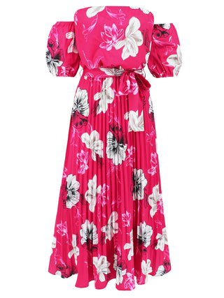 Pleated Floral Off-Shoulder Short Sleeve Midi Dress Trendsi