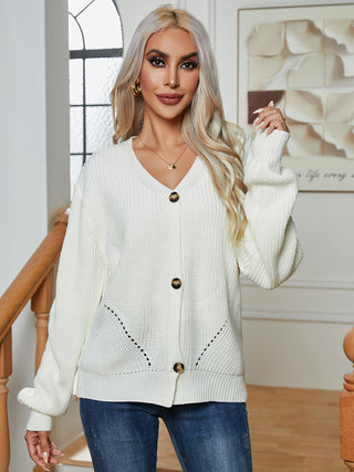 Button Up V-Neck Long Sleeve Cardigan Divacious