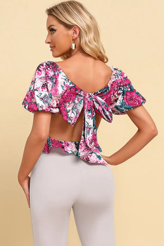 Floral Tied Cropped Peplum Blouse Divacious