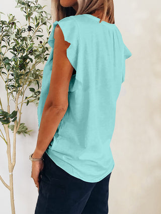 Ruffled Notched Cap Sleeve T-Shirt Divacious