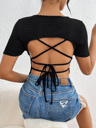 Backless Round Neck Short Sleeve T-Shirt Divacious