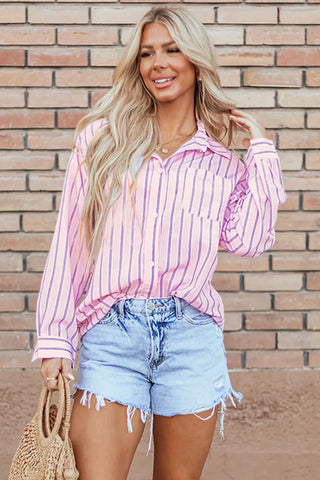 Striped Collared Neck Long Sleeve Shirt Divacious