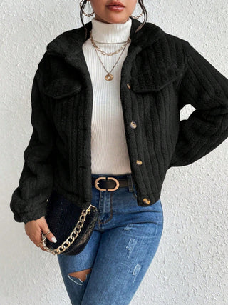 Fuzzy Button Up Collared Neck Jacket Divacious