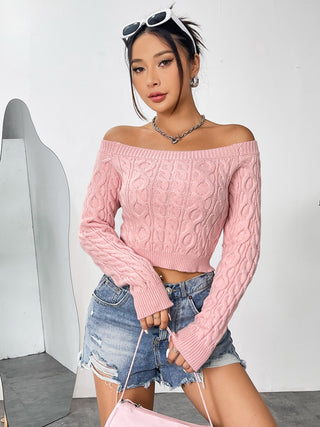 Cable-Knit Off-Shoulder Long Sleeve Knit Top Divacious