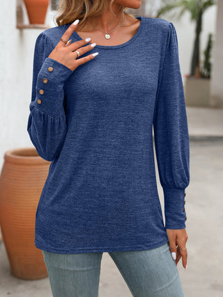 Decorative Button Round Neck Long Sleeve T-Shirt Divacious