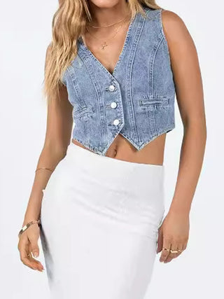 Button Up Sleeveless Denim Top Divacious