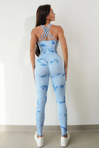 Printed Crisscross Wide Strap Jumpsuit Divacious