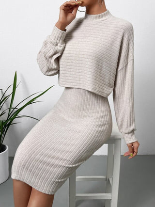 Mock Neck Long Sleeve Top and Wide Strap Dress Set - Divacious