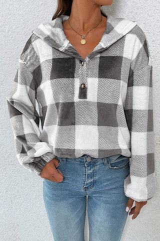 Plaid Quarter Button Dropped Shoulder Hoodie Divacious