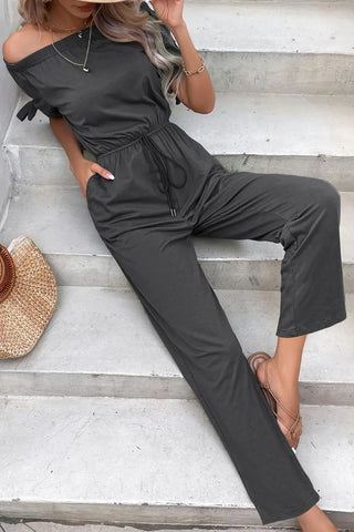 Off-Shoulder Tie Cuff Jumpsuit with Pockets Divacious