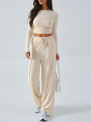 Round Neck Long Sleeve Top and Pants Set - Divacious