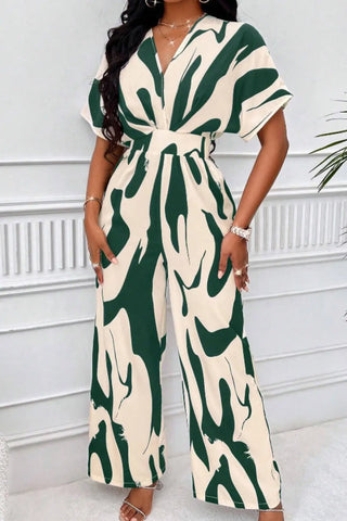 Printed V-Neck Short Sleeve Wide Leg Jumpsuit Divacious