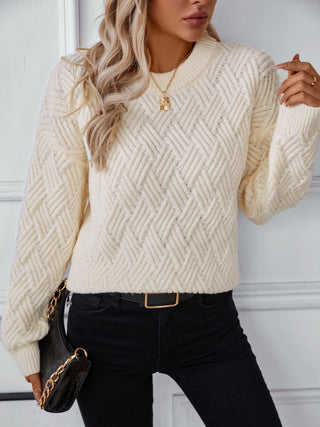 Round Neck Long Sleeve Woven Sweater - Divacious