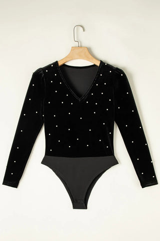 Pearl Detail V-Neck Long Sleeve Bodysuit Divacious