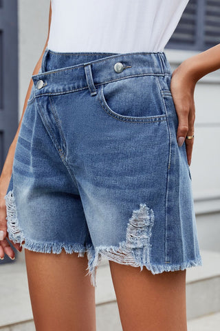 Distressed Raw Hem Asymmetric Waist Denim Shorts Divacious