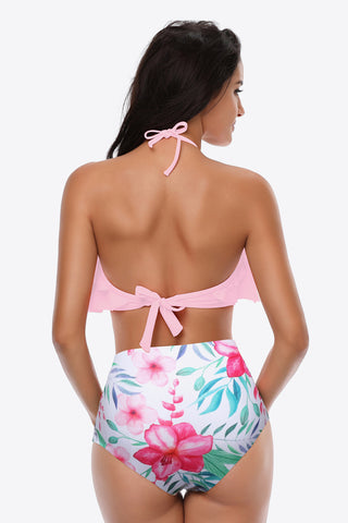 Two-Tone Ruffled Halter Neck Two-Piece Swimsuit Divacious