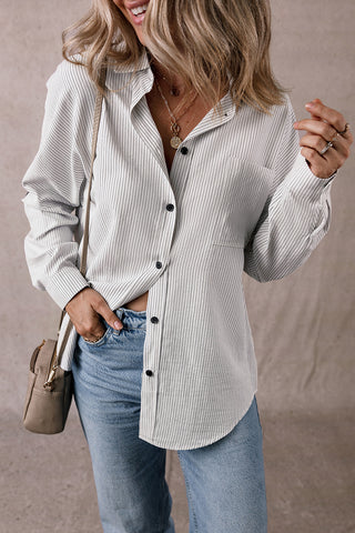 Pocketed Striped Collared Neck Long Sleeve Shirt Divacious