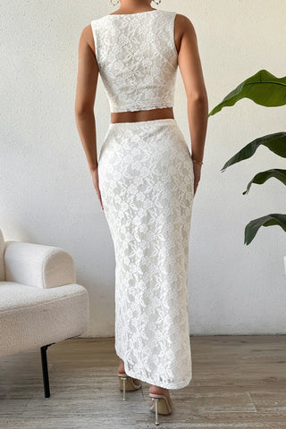 Honey Lace Round Neck Top and Slit Skirt Set Trendsi