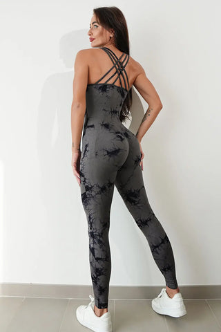 Printed Crisscross Wide Strap Jumpsuit Divacious