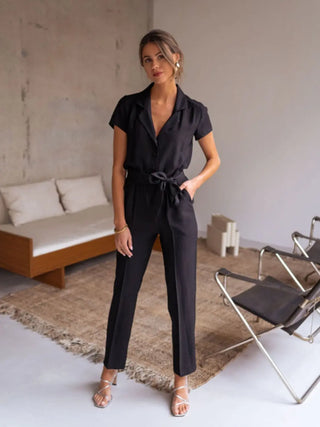 Tied Collared Neck Short Sleeve Jumpsuit Divacious