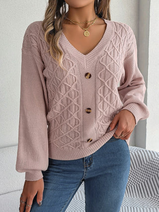 Cable-Knit V-Neck Lantern Sleeve Sweater Divacious