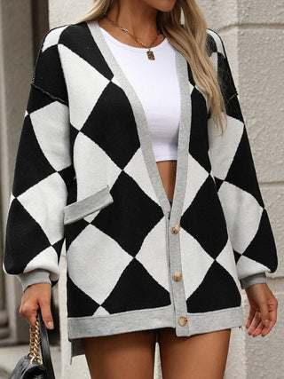 Checkered Dropped Shoulder Long Sleeve Cardigan Divacious