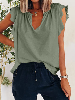 Ruffled Notched Cap Sleeve T-Shirt Divacious