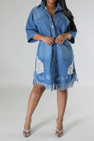 Distressed Raw Hem Button Up Denim Dress Divacious